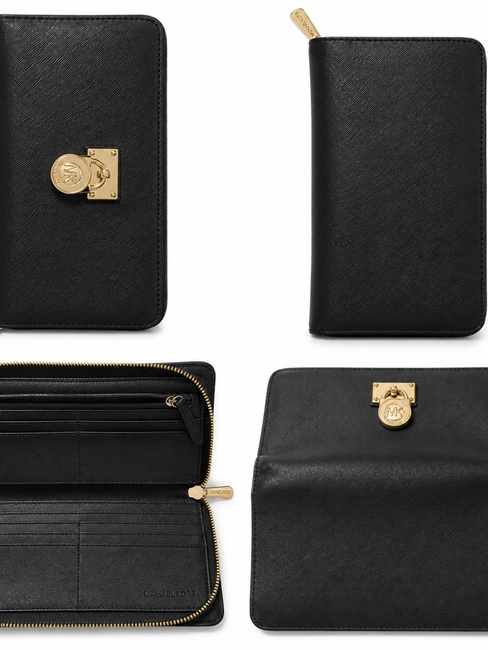 Michael Kors Hamilton Black Saffiano Zip Around Wallet Gold Lock